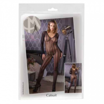 Open crotch sheer  stripey catsuit long arms image
