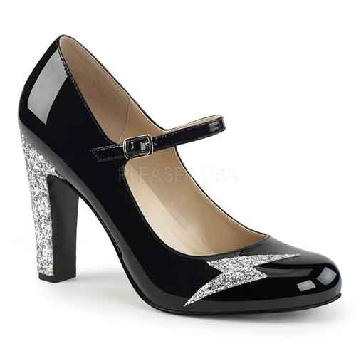 Queen 02 Round toe shoe with ankle strap black patent with silver glitter 