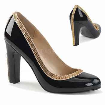 Queen04 Black patent ladies court shoe with gold trim and a 4 inch heel  image