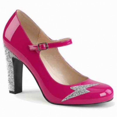 Queen02 Pink with silver ladies court with rounded toe 4 inch heel and ankle strap image