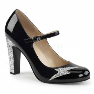 Queen 02 Round toe shoe with ankle strap black patent with silver glitter  image