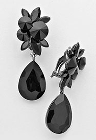 FLORAL BLACK  CRYSTAL RHINESTONE TEARDROP CLIP ON EARRINGS image